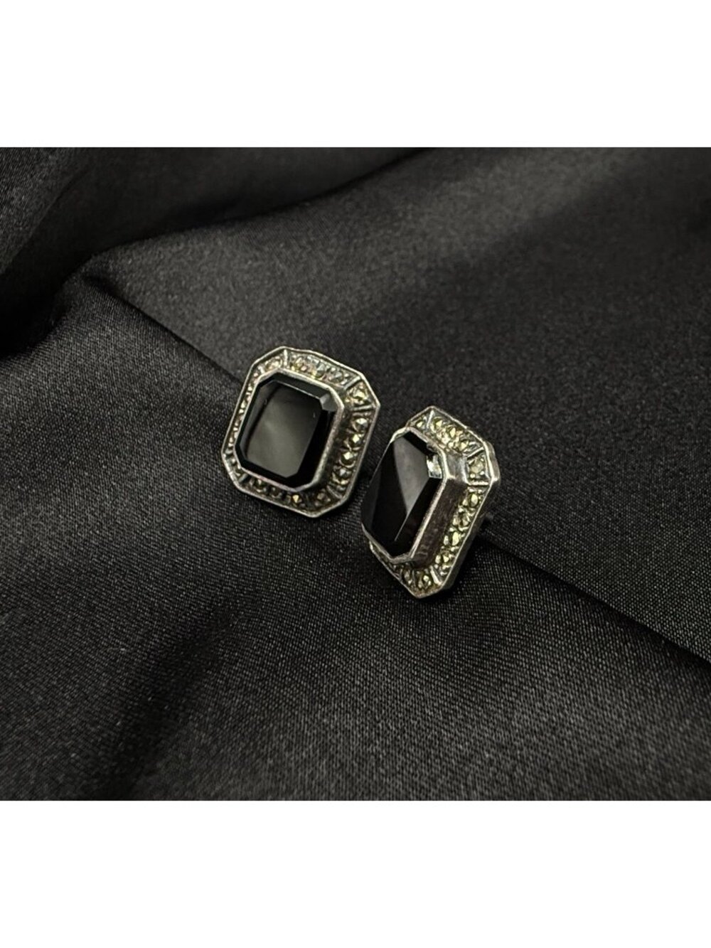 Vintage Black Onyx 925 Sterling Silver Marcasite Earrings Octagon Design